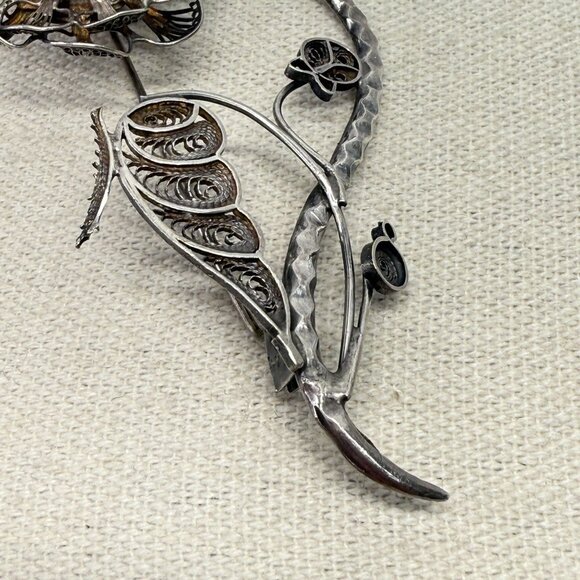 Vintage Sterling Silver Filigree Rose Brooch Pin‎ Intricate Ornate Hammered Stem - Picture 7 of 11